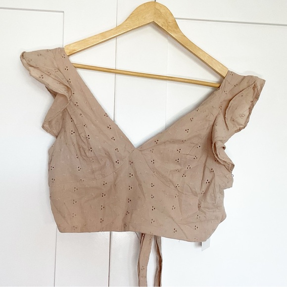 Japna eyelet crop top medium tan feminine flutter tie back girly cotton dainty - Picture 1 of 7